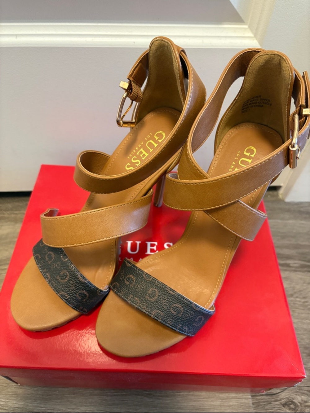 GUESS Brown and Black Logo Strappy High Heel Sandals